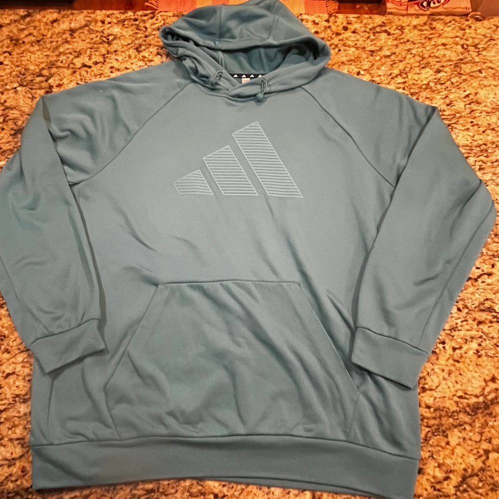 Adidas Mens XL Pullover Hoodie‎ Teal Blue Tonal Logo Performance Sweatshirt